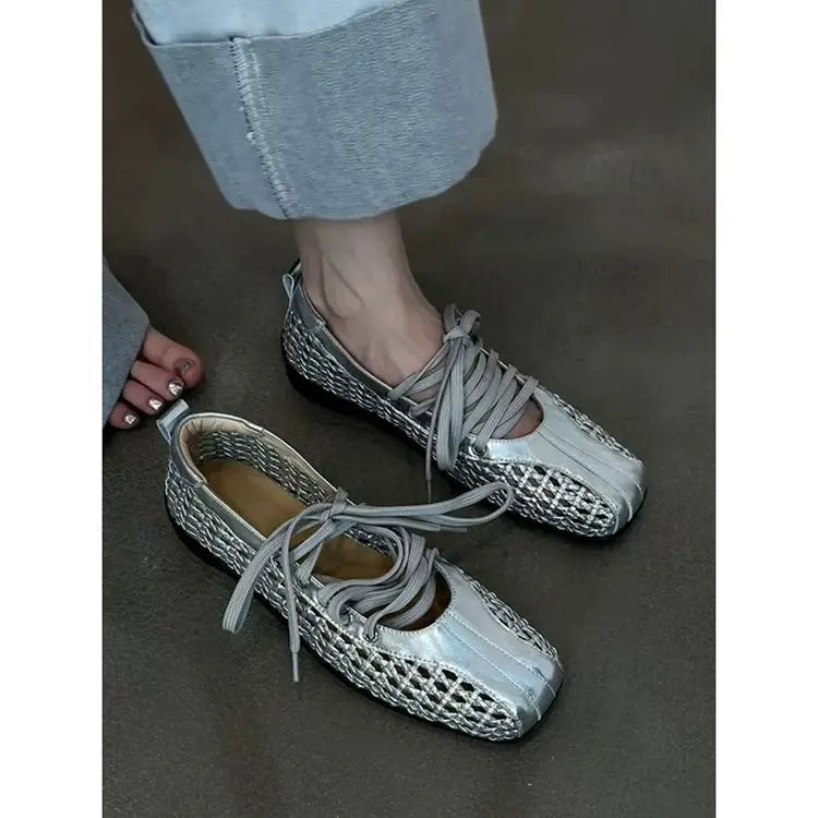 Chaussures de ballet plates pour femmes, chaussures décontractées de créateur, chaussures de sport à bout carré en maille, baskets tendance à lacets, confortables pour femme