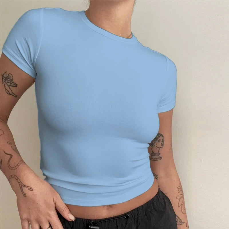 Femme vêtements à manches courtes T-shirt coupe ajustée hauts femme col rond tricoté gaine T-shirt vêtements de rue sexe sportif 2024 Y2K New2410
