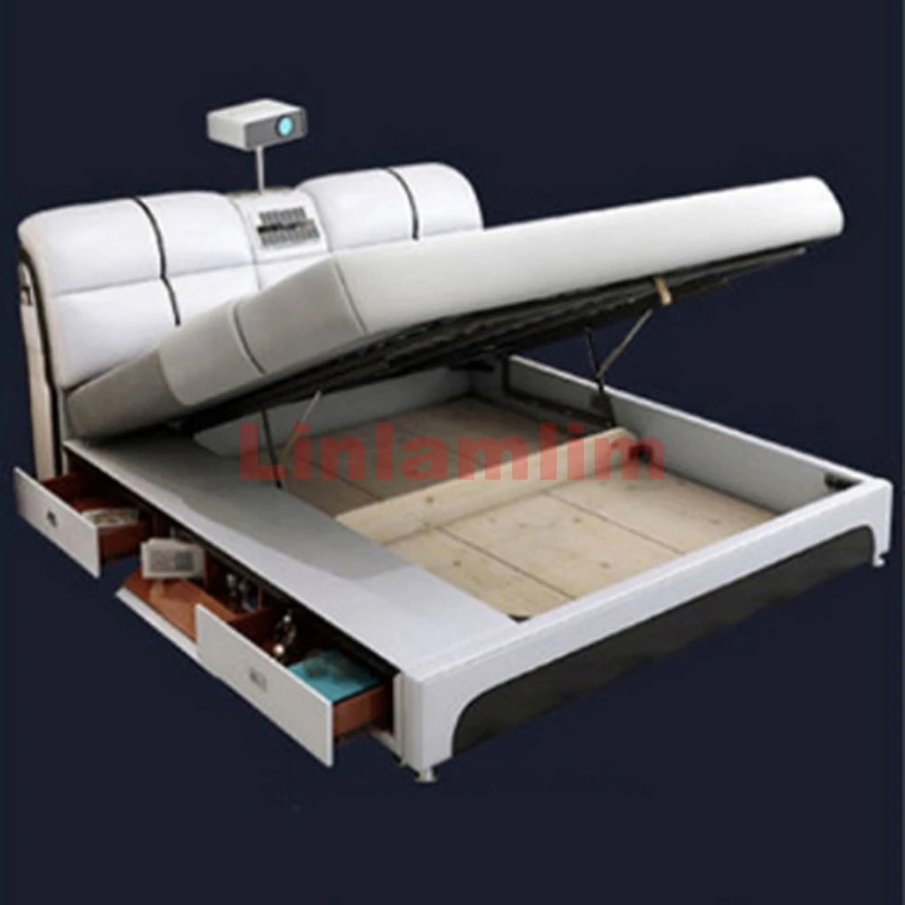 Linlamlim-Lit intelligent en cuir véritable, module multifonctionnel, UlOscar Camas hypothécaire ami, lit avec massage, budgétaire, supporter ficateur d'air, haut-parleur