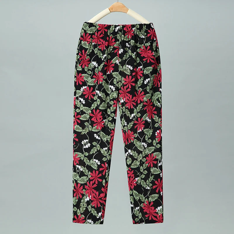 Pantalon d'été fin en soie glacée, coupe droite ample, taille haute, motif floral, pour maman et grand-mère, confortable et décontracté