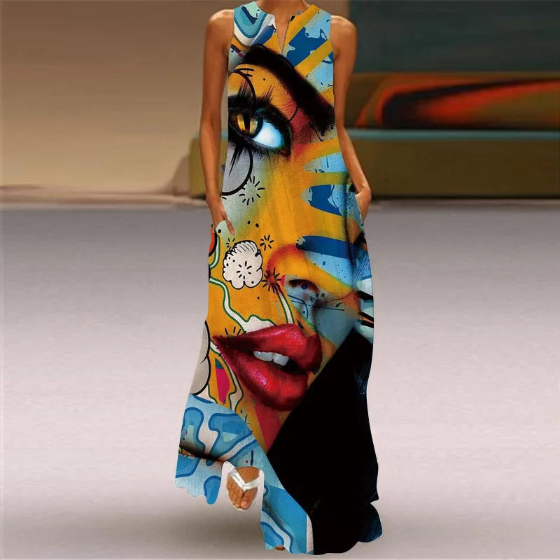 Robe maxi imprimée vintage pour femmes, robes d'été en fibre longue, col en V élégant, poche Boho, robe d'été de plage, robe éducative