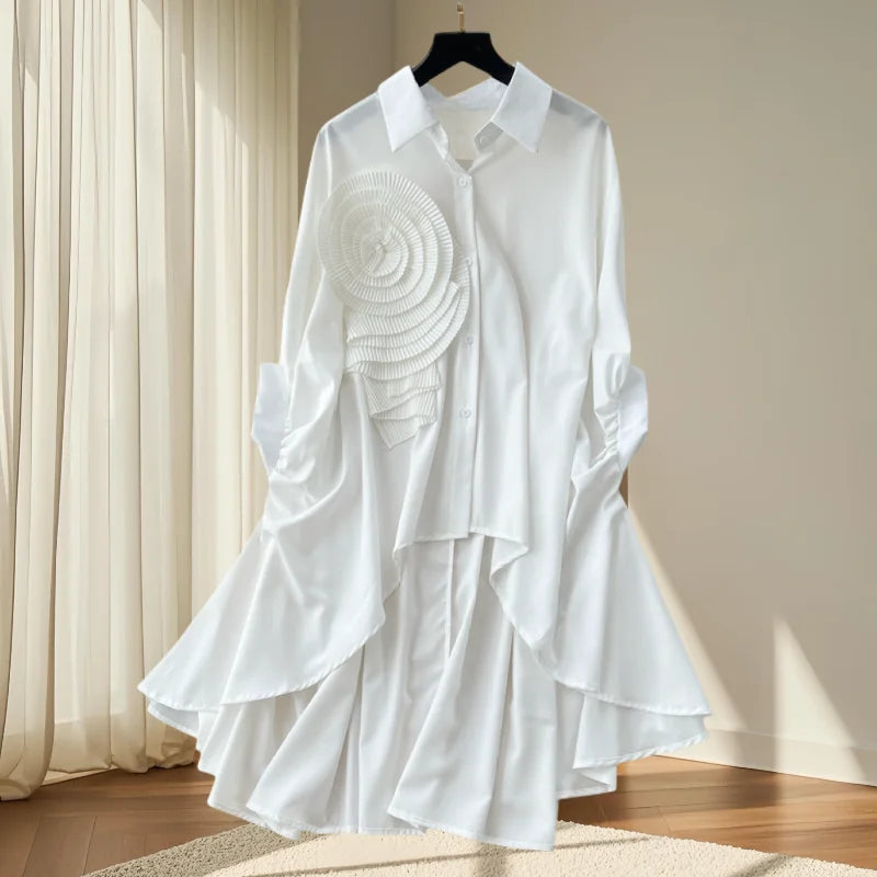 2025, nouveau, européen, vêtements, ample, chemisier, Chic, col rabattu, irrégulier, fleurs tridimensionnelles, femmes, manches chauve-souris, hauts, 41293