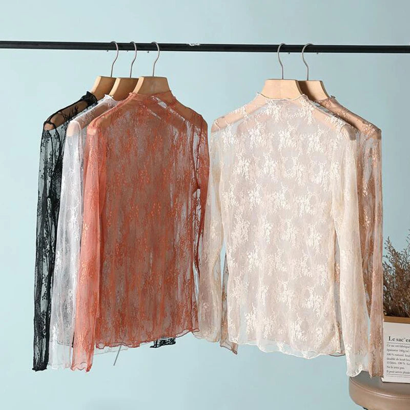 T-Shirts en maille pour femmes, chemisier en dentelle transparente, manches longues, hauts transparents pour femmes, chemise à bascule, T-Shirts transparents, haut court
