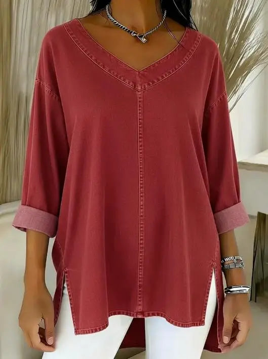 T-shirt pour femme, nouvelle collection printemps, tendance, couleur unie, col en V simple, tissu en jean ample, polyvalent, manches longues