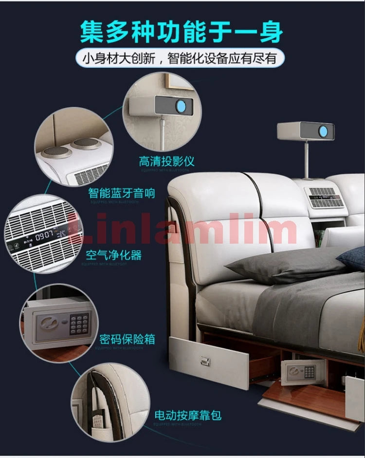 Linlamlim-Lit intelligent en cuir véritable, module multifonctionnel, UlOscar Camas hypothécaire ami, lit avec massage, budgétaire, supporter ficateur d'air, haut-parleur