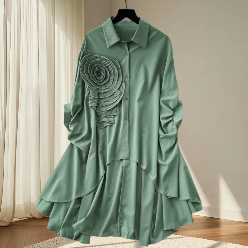 2025, nouveau, européen, vêtements, ample, chemisier, Chic, col rabattu, irrégulier, fleurs tridimensionnelles, femmes, manches chauve-souris, hauts, 41293