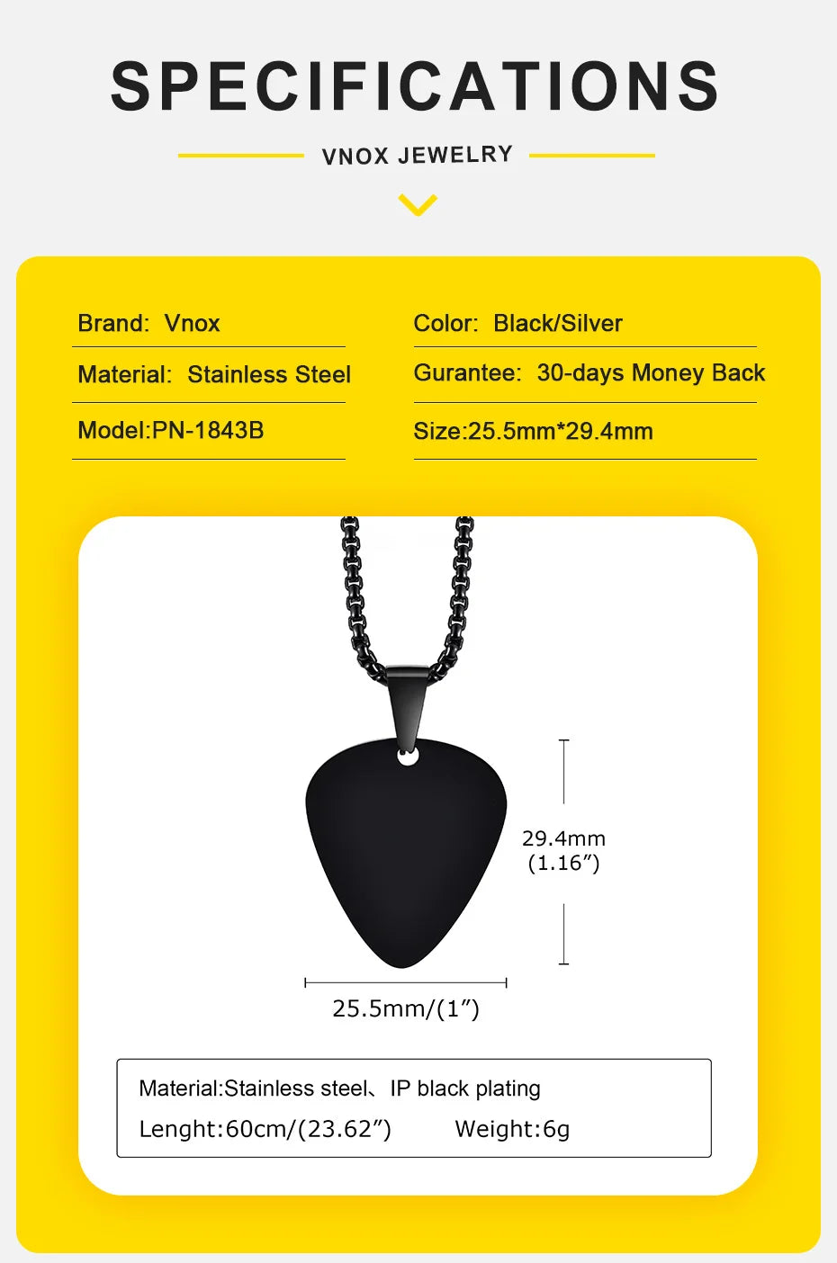 Vnox nouveau collier de médiator de guitare Unique pour hommes garçons, collier pendentif de médiators de guitare en acier inoxydable pour les amateurs de musique cadeaux bijoux