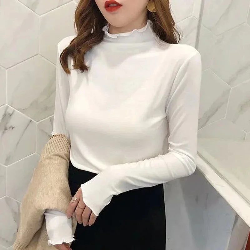 Femme t-shirts femme col roulé à manches longues T-Shirt automne hiver à volants Mujer Camisetas col mi-haut Plus hauts polaires