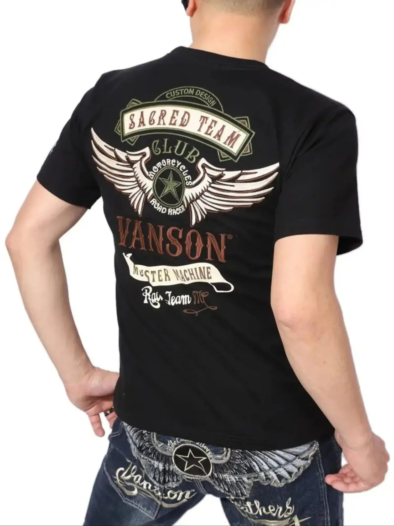 T-shirt pour hommes – Haut décontracté noir à manches courtes avec motif d'ailes blanches et rouges, adapté à un usage quotidien, aux voyages en salle de sport et aux fêtes