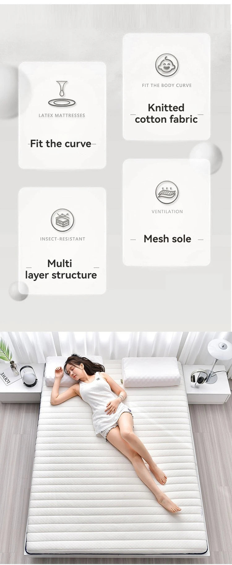 Coussin de matelas en latex, literie épaisse pour usage domestique, semelle pour usage simple ou double, coussin de matelas pliable en coton à mémoire de forme