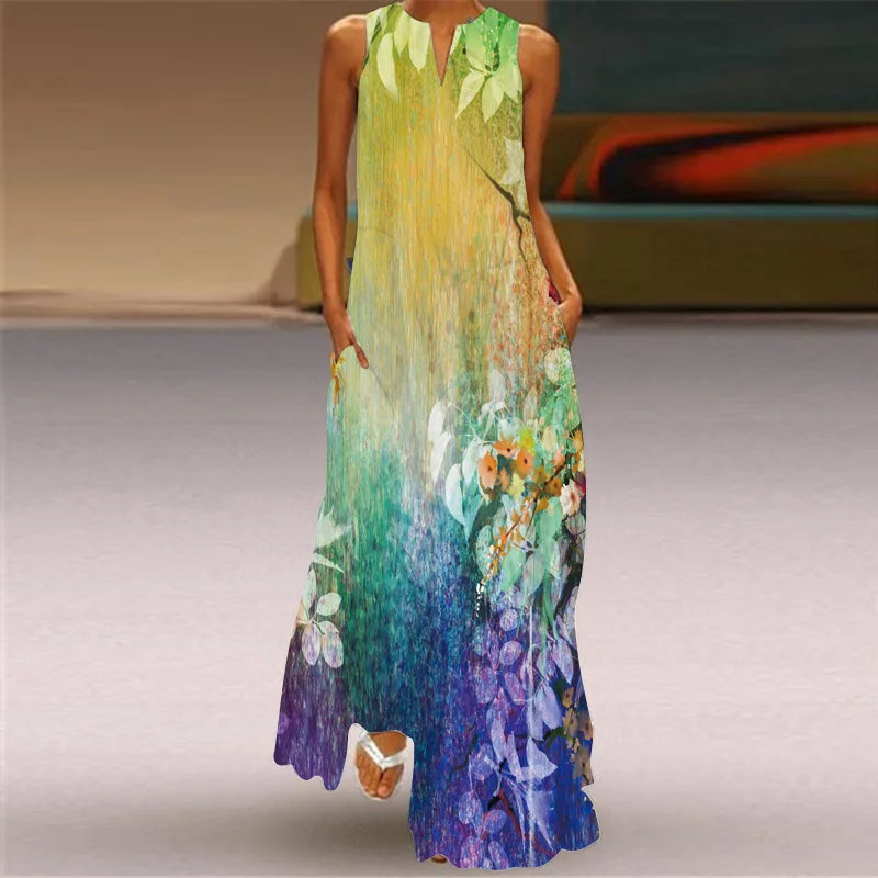 Robe maxi imprimée vintage pour femmes, robes d'été en fibre longue, col en V élégant, poche Boho, robe d'été de plage, robe éducative