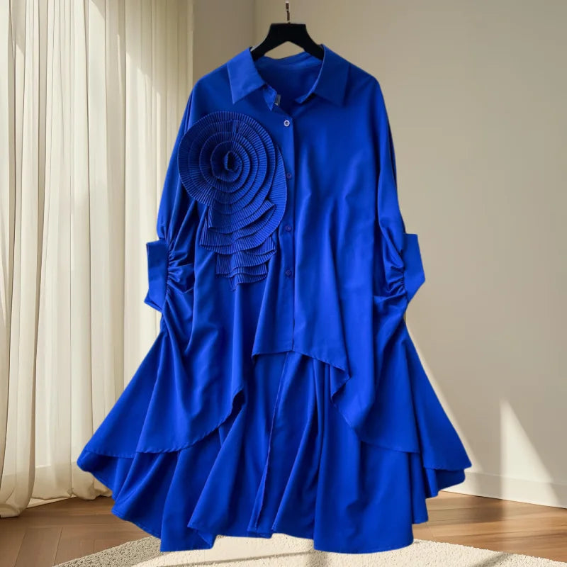 2025, nouveau, européen, vêtements, ample, chemisier, Chic, col rabattu, irrégulier, fleurs tridimensionnelles, femmes, manches chauve-souris, hauts, 41293