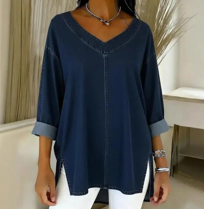 T-shirt pour femme, nouvelle collection printemps, tendance, couleur unie, col en V simple, tissu en jean ample, polyvalent, manches longues