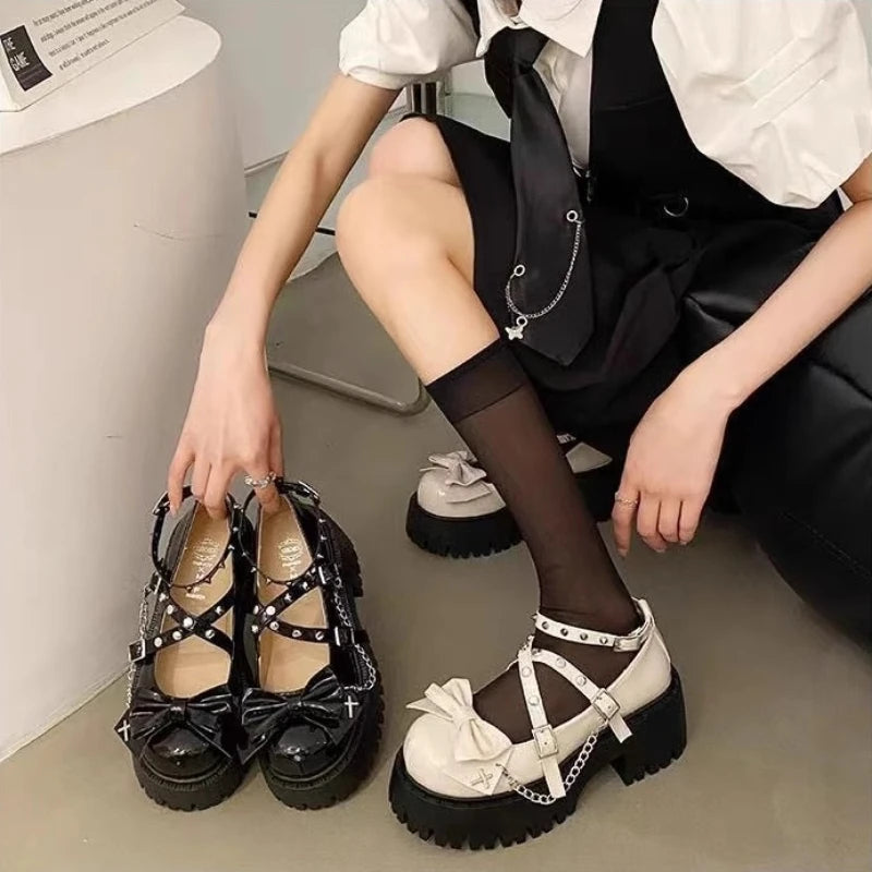 2025 nouvelles Chaussures pour femmes lanières de cheville femmes pompes plate-forme femmes arcs en cuir Mary Jane Punk gothique talon épais Chaussures Femme