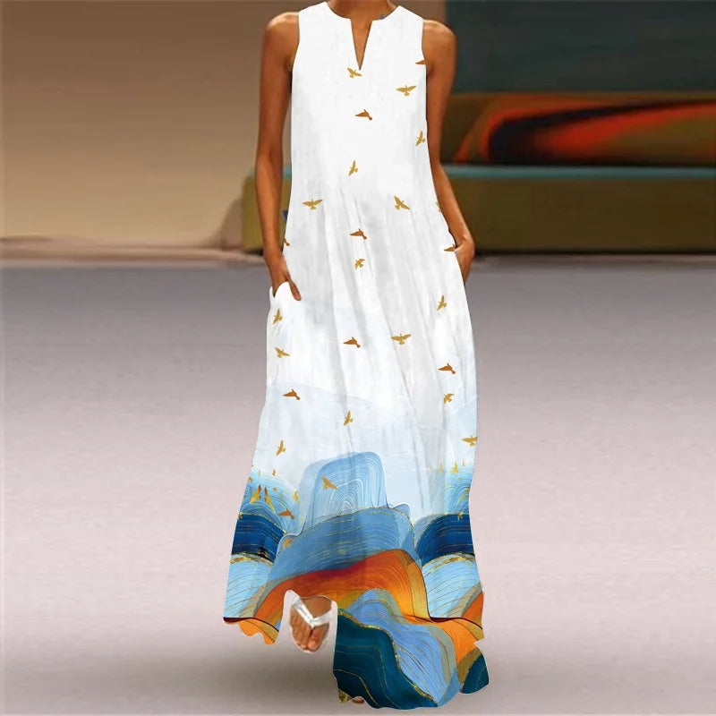 Robe maxi imprimée vintage pour femmes, robes d'été en fibre longue, col en V élégant, poche Boho, robe d'été de plage, robe éducative
