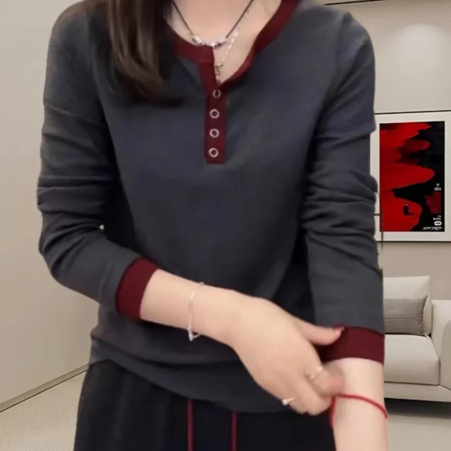 T-shirt pour femmes début d'automne, nouvelle couleur contrastée, col semi-ouvert, petite chemise, mode, t-shirts amples, haut amincissant