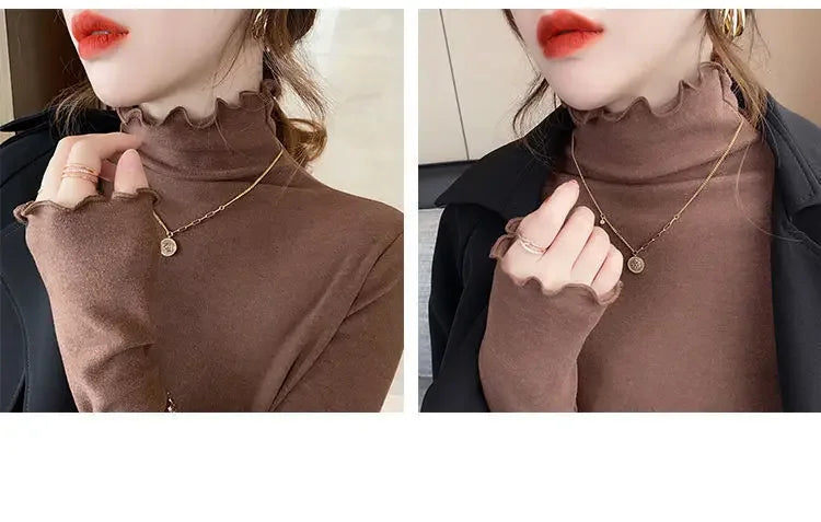 Femme t-shirts femme col roulé à manches longues T-Shirt automne hiver à volants Mujer Camisetas col mi-haut Plus hauts polaires