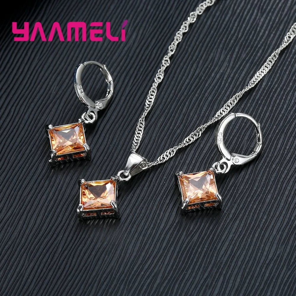 Nouvelle grande Promotion 925 en argent Sterling brillant carré Zircons pendentif collier et boucles d'oreilles ensembles de bijoux pour la vente en gros