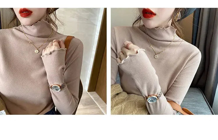 Femme t-shirts femme col roulé à manches longues T-Shirt automne hiver à volants Mujer Camisetas col mi-haut Plus hauts polaires