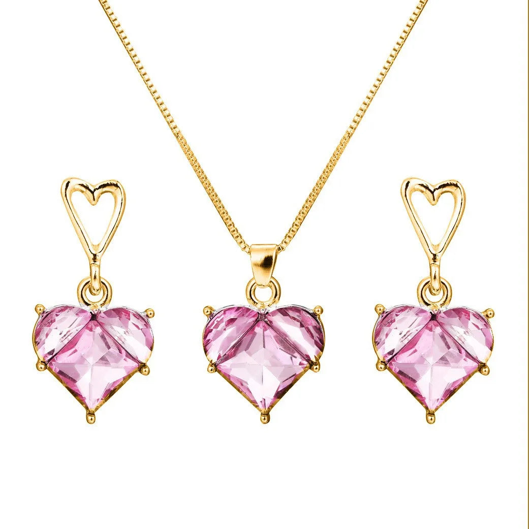 Ensemble de colliers et boucles d'oreilles pour femmes, pendentif en cristal rose en Zircon en forme de cœur, bijoux pour femmes, cadeaux exquis, nouvelle mode
