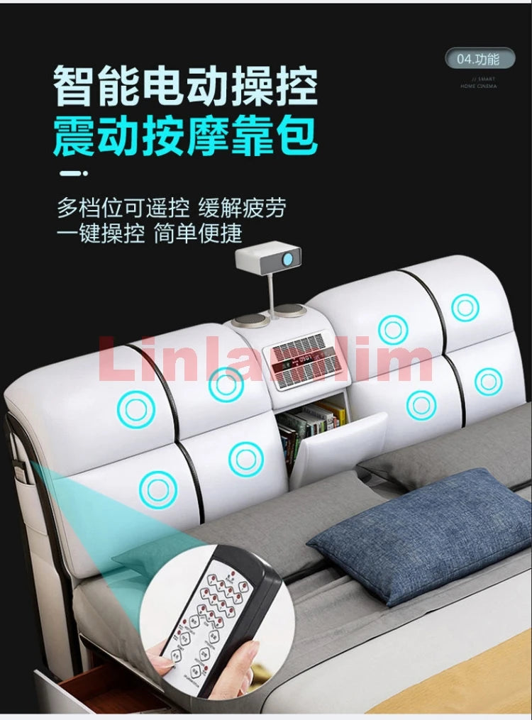 Linlamlim-Lit intelligent en cuir véritable, module multifonctionnel, UlOscar Camas hypothécaire ami, lit avec massage, budgétaire, supporter ficateur d'air, haut-parleur