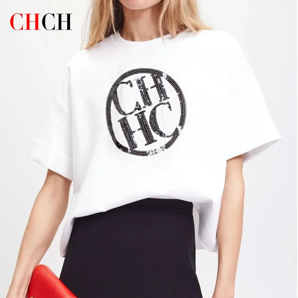 T-shirt pour femme, mode, luxe, coton, col rond, classique, basique, manches courtes