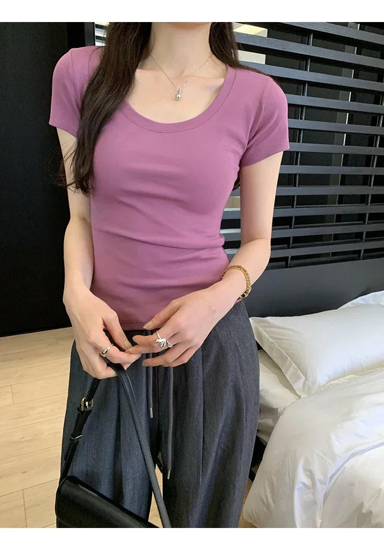 Femme 2026 été décontracté coton t-shirt pour femmes à manches courtes t-shirts mode femmes vêtements mince basique col rond Y2K t-shirt