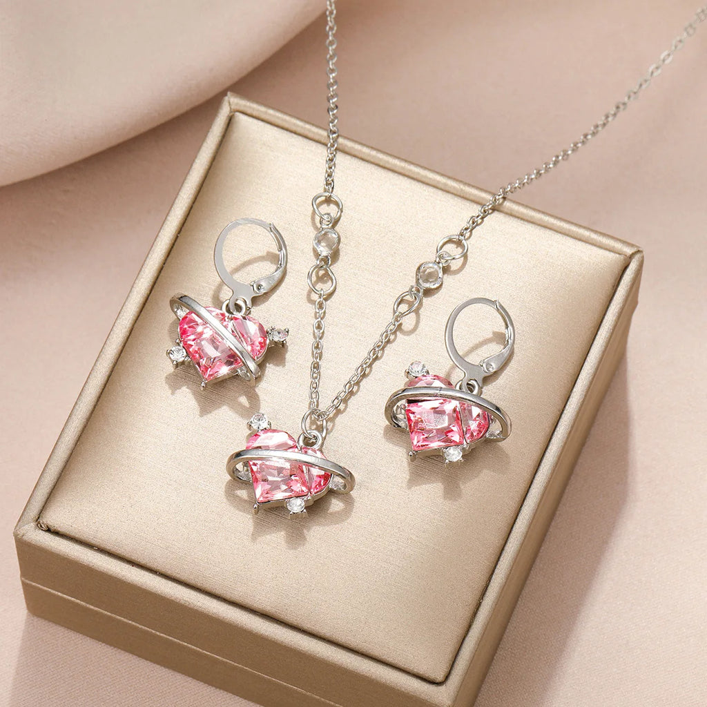 Ensemble de colliers et boucles d'oreilles pour femmes, pendentif en cristal rose en Zircon en forme de cœur, bijoux pour femmes, cadeaux exquis, nouvelle mode