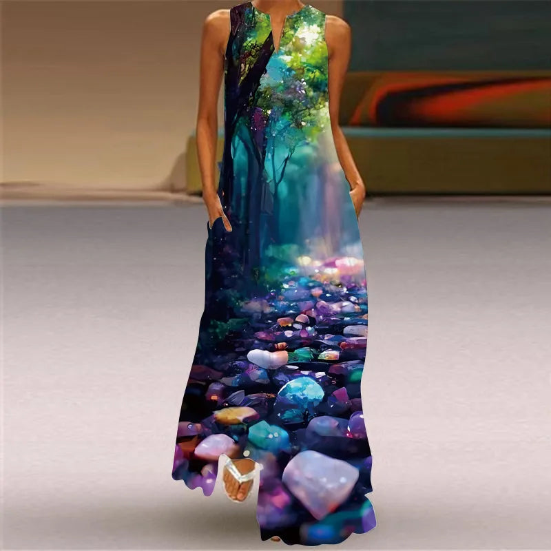 Robe maxi imprimée vintage pour femmes, robes d'été en fibre longue, col en V élégant, poche Boho, robe d'été de plage, robe éducative