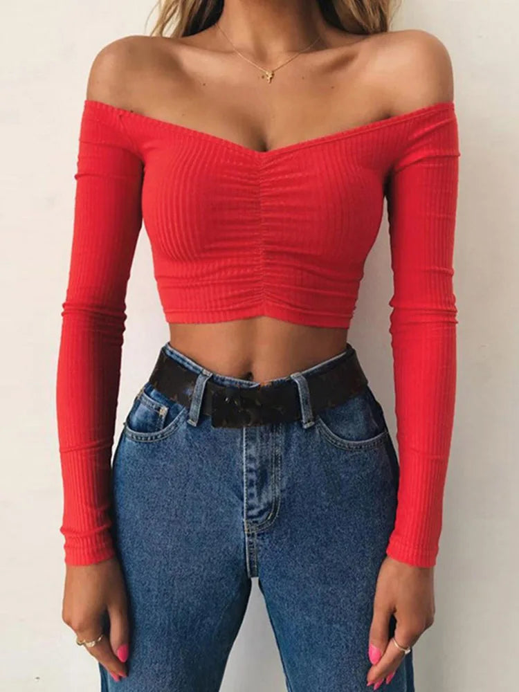 Femmes T-shirts sexy et club mode femme T-shirt à manches longues épaules nues couleur unie dame T-shirt automne T-shirts de base