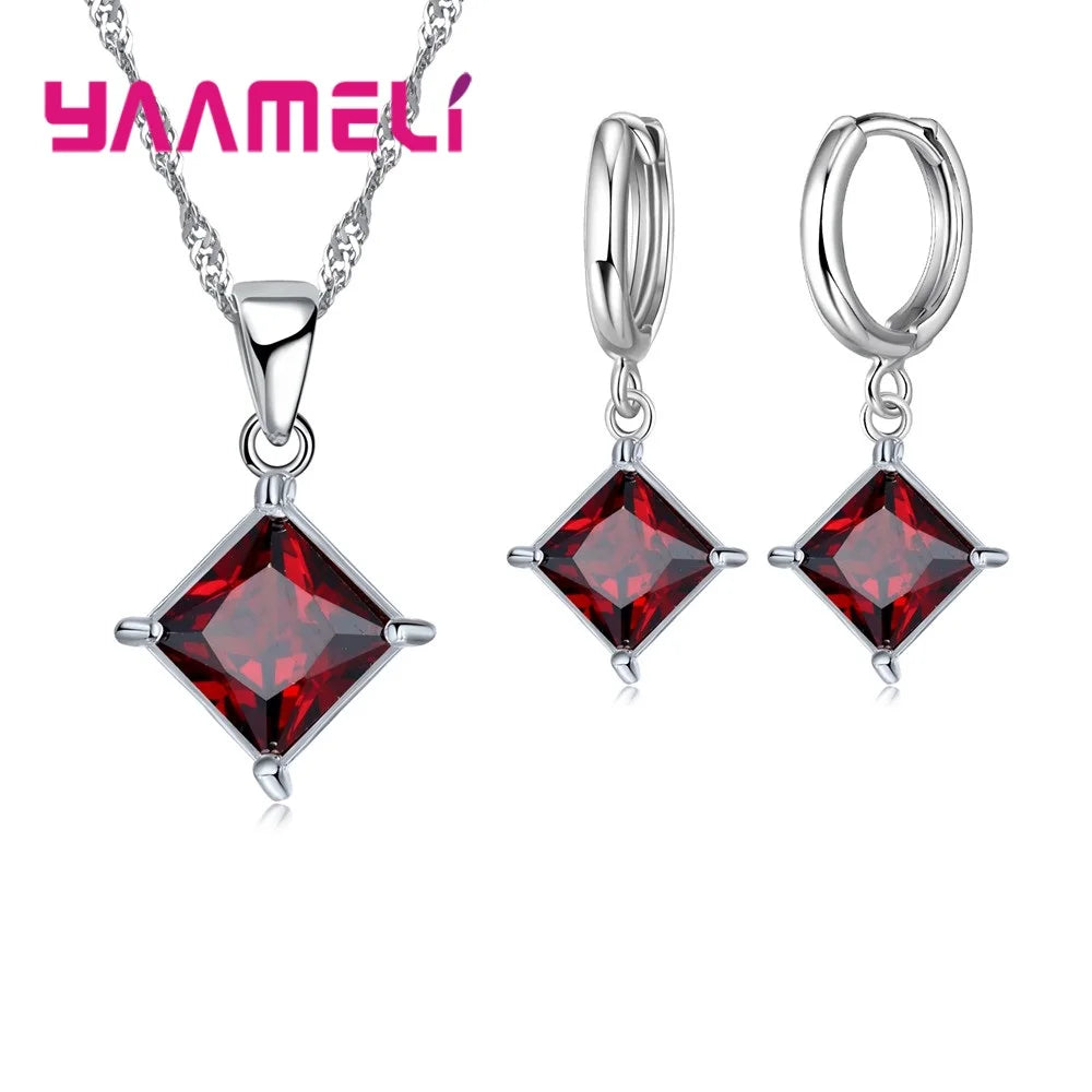 Nouvelle grande Promotion 925 en argent Sterling brillant carré Zircons pendentif collier et boucles d'oreilles ensembles de bijoux pour la vente en gros