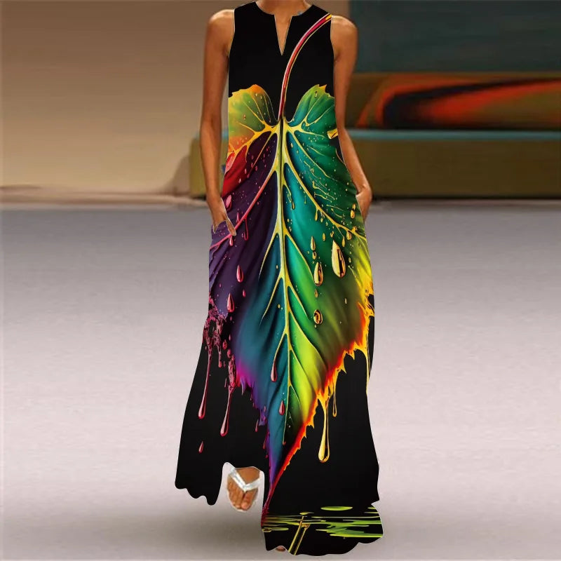 Robe maxi imprimée vintage pour femmes, robes d'été en fibre longue, col en V élégant, poche Boho, robe d'été de plage, robe éducative