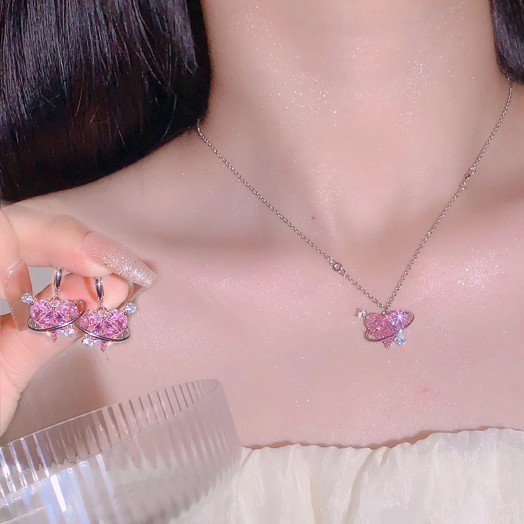 Ensemble de colliers et boucles d'oreilles pour femmes, pendentif en cristal rose en Zircon en forme de cœur, bijoux pour femmes, cadeaux exquis, nouvelle mode