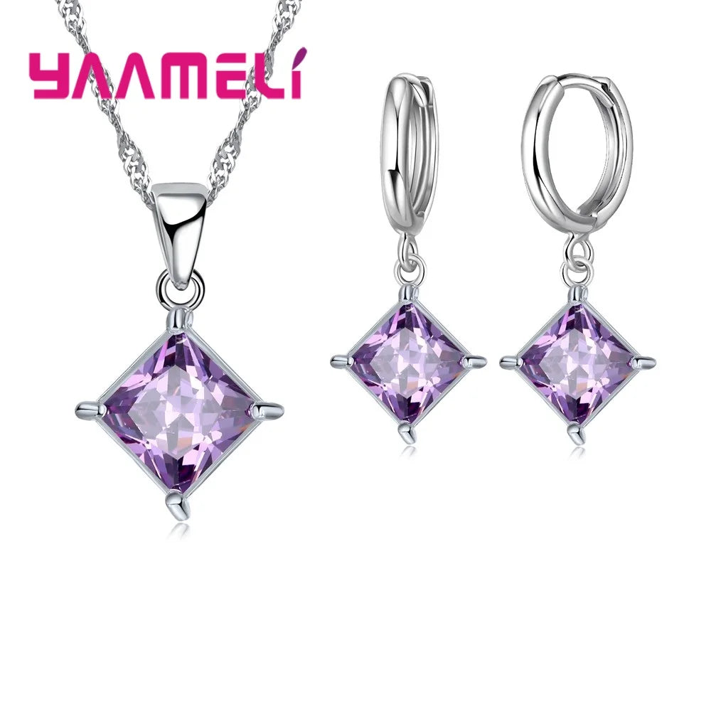 Nouvelle grande Promotion 925 en argent Sterling brillant carré Zircons pendentif collier et boucles d'oreilles ensembles de bijoux pour la vente en gros