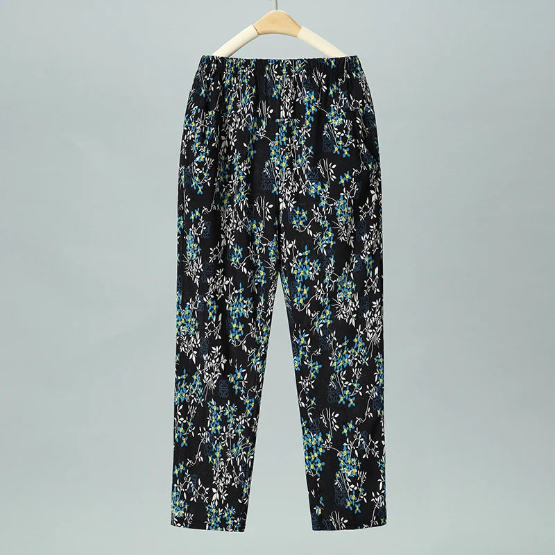 Pantalon d'été fin en soie glacée, coupe droite ample, taille haute, motif floral, pour maman et grand-mère, confortable et décontracté