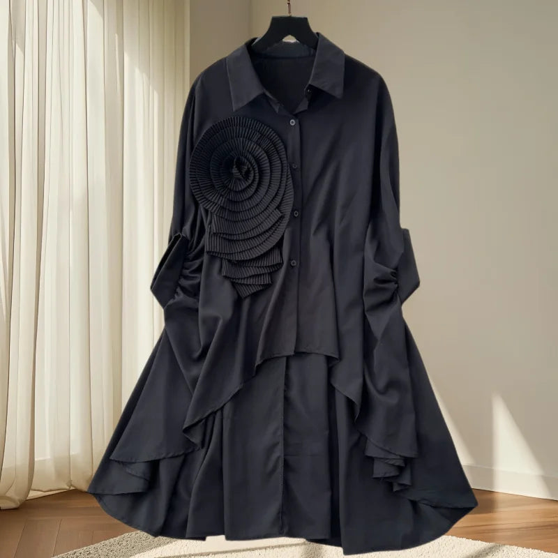 2025, nouveau, européen, vêtements, ample, chemisier, Chic, col rabattu, irrégulier, fleurs tridimensionnelles, femmes, manches chauve-souris, hauts, 41293