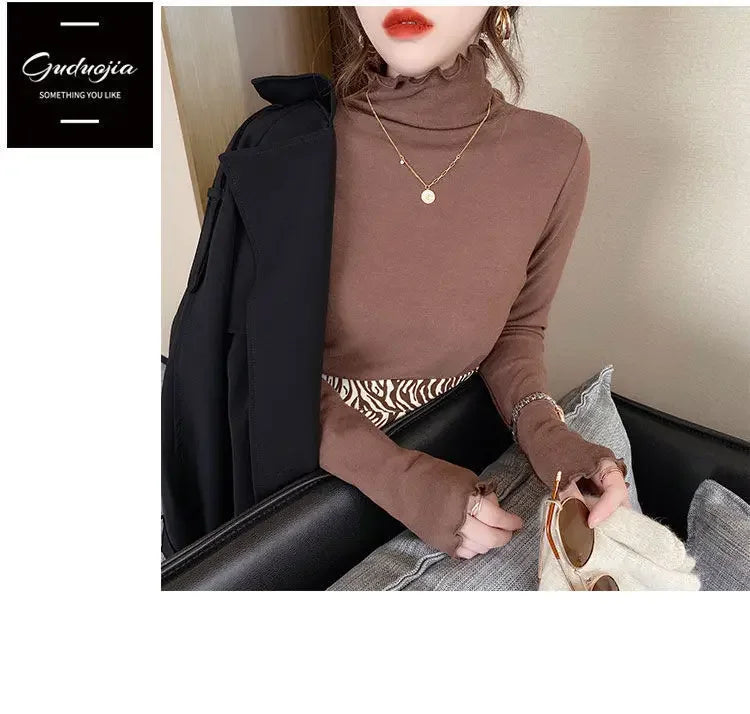 Femme t-shirts femme col roulé à manches longues T-Shirt automne hiver à volants Mujer Camisetas col mi-haut Plus hauts polaires