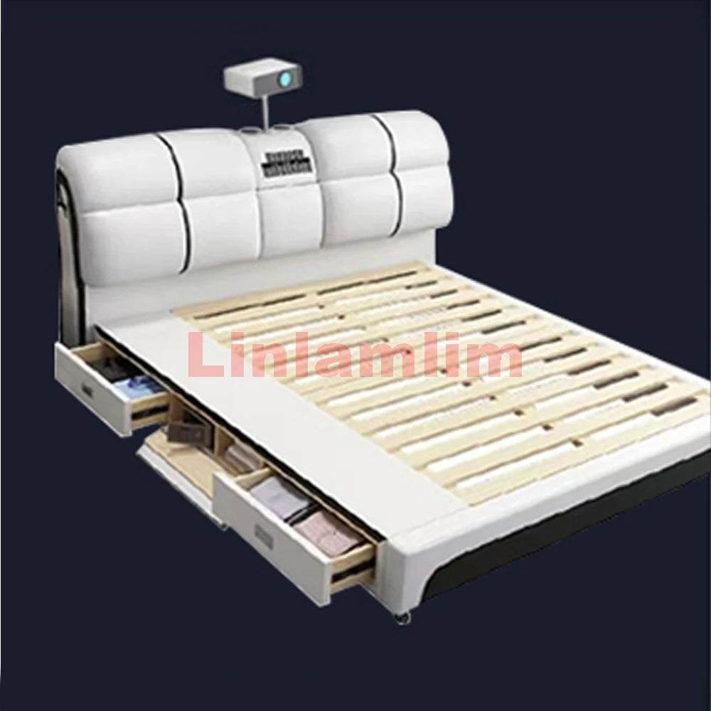 Linlamlim-Lit intelligent en cuir véritable, module multifonctionnel, UlOscar Camas hypothécaire ami, lit avec massage, budgétaire, supporter ficateur d'air, haut-parleur