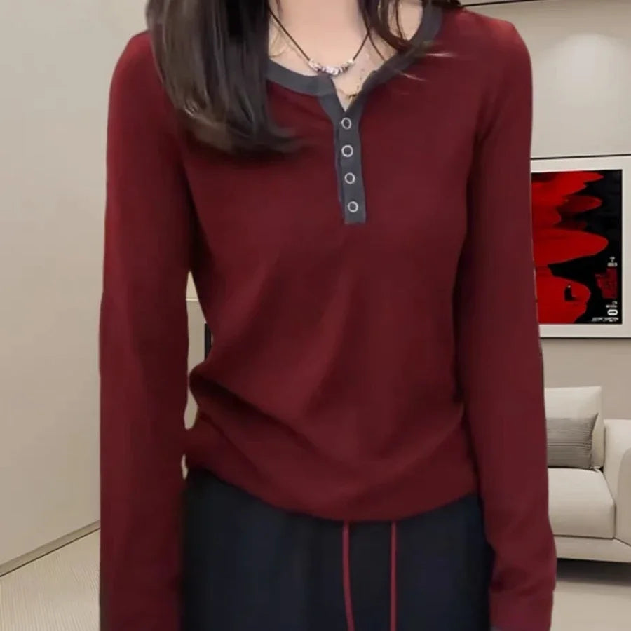 T-shirt pour femmes début d'automne, nouvelle couleur contrastée, col semi-ouvert, petite chemise, mode, t-shirts amples, haut amincissant