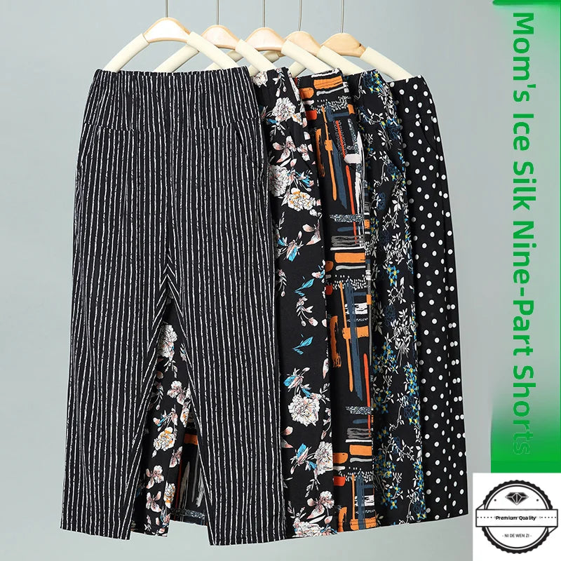 Pantalon d'été fin en soie glacée, coupe droite ample, taille haute, motif floral, pour maman et grand-mère, confortable et décontracté