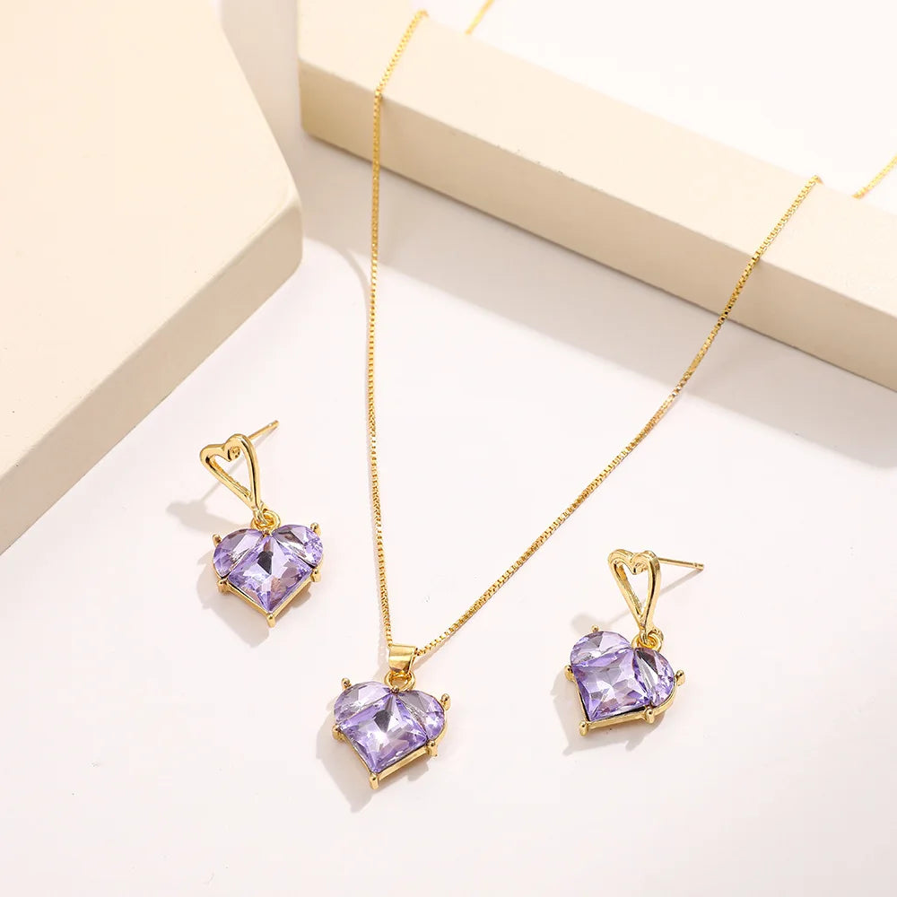 Ensemble de colliers et boucles d'oreilles pour femmes, pendentif en cristal rose en Zircon en forme de cœur, bijoux pour femmes, cadeaux exquis, nouvelle mode