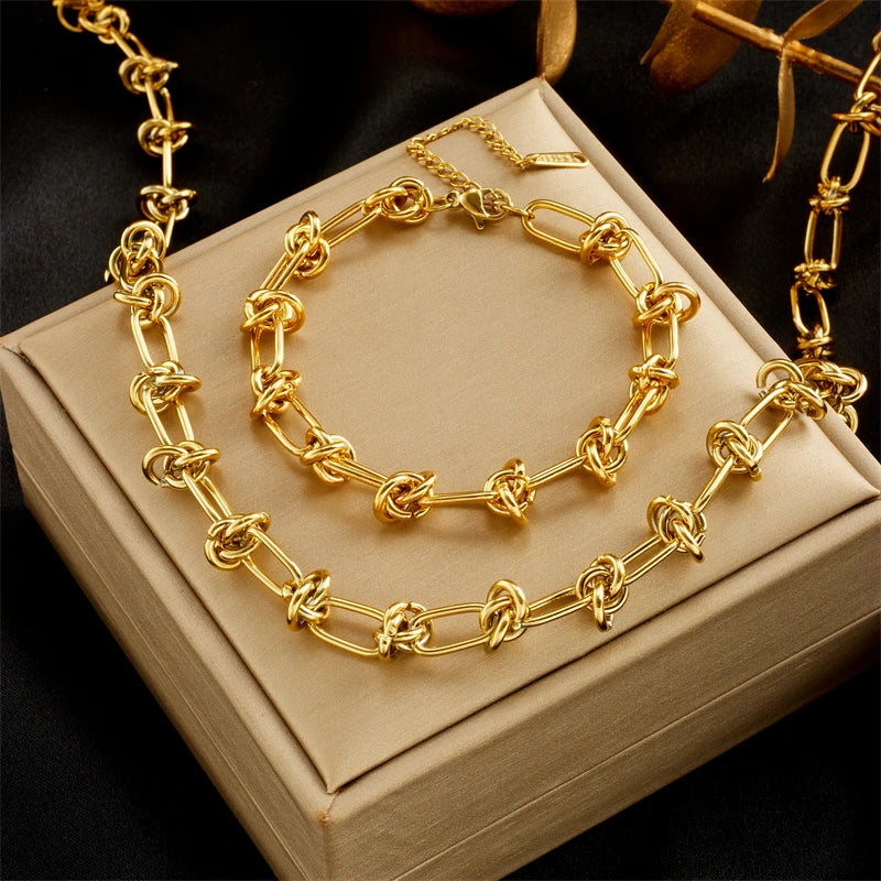 DIEYURO 316L acier inoxydable or argent couleur torsion noeud collier Bracelets pour femme fille nouvelle mode ne se décolore pas ensemble de bijoux