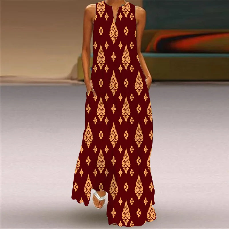 Robe maxi imprimée vintage pour femmes, robes d'été en fibre longue, col en V élégant, poche Boho, robe d'été de plage, robe éducative