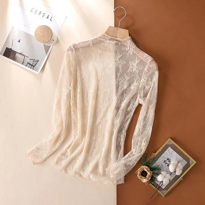 T-Shirts en maille pour femmes, chemisier en dentelle transparente, manches longues, hauts transparents pour femmes, chemise à bascule, T-Shirts transparents, haut court