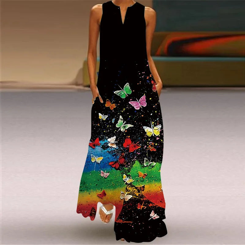Robe maxi imprimée vintage pour femmes, robes d'été en fibre longue, col en V élégant, poche Boho, robe d'été de plage, robe éducative