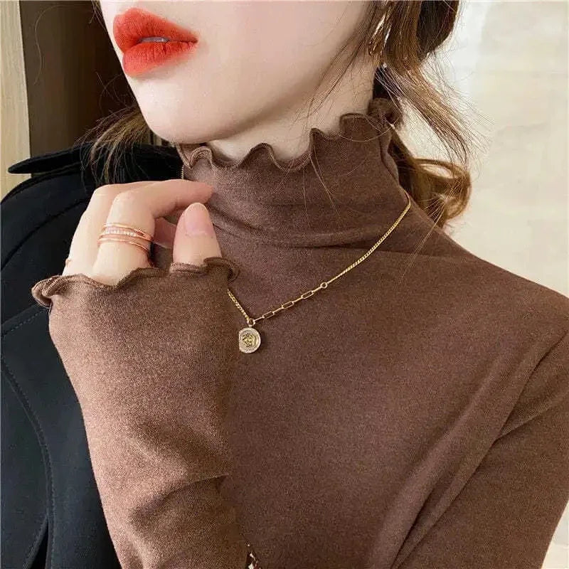 Femme t-shirts femme col roulé à manches longues T-Shirt automne hiver à volants Mujer Camisetas col mi-haut Plus hauts polaires
