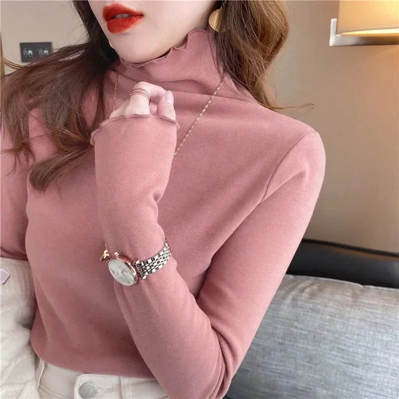 Femme t-shirts femme col roulé à manches longues T-Shirt automne hiver à volants Mujer Camisetas col mi-haut Plus hauts polaires