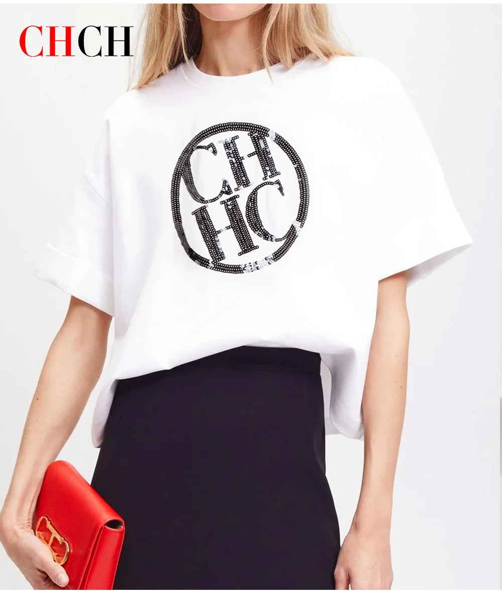 T-shirt pour femme, mode, luxe, coton, col rond, classique, basique, manches courtes