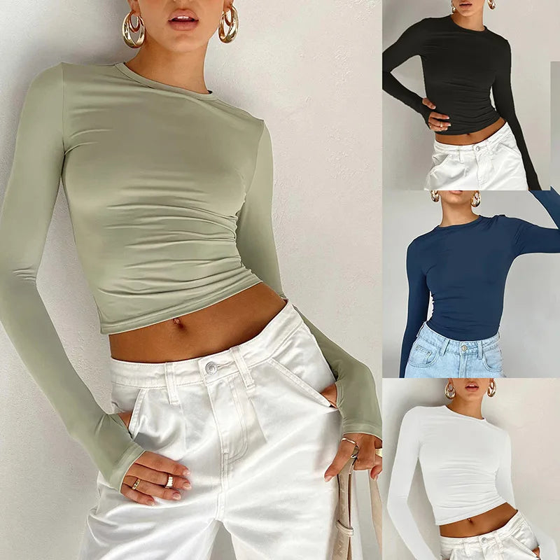Mode femmes T-shirt à manches longues col rond solide coupe ajustée dames haut court avec trous pour les pouces pour le quotidien Streetwear été Camis