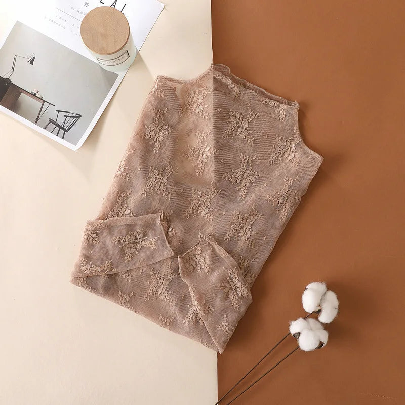 T-Shirts en maille pour femmes, chemisier en dentelle transparente, manches longues, hauts transparents pour femmes, chemise à bascule, T-Shirts transparents, haut court
